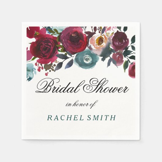 ボホボルドブルガンディレッドフラワーズブライダルシャワー スタンダードカクテルナプキン (正面)