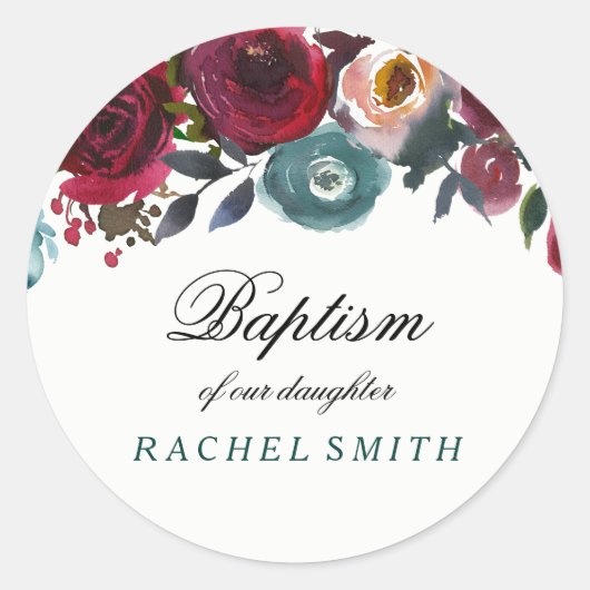 ボホボルドブルゴーニュ赤い花ベビーガールバプテスマ ラウンドシール (正面)