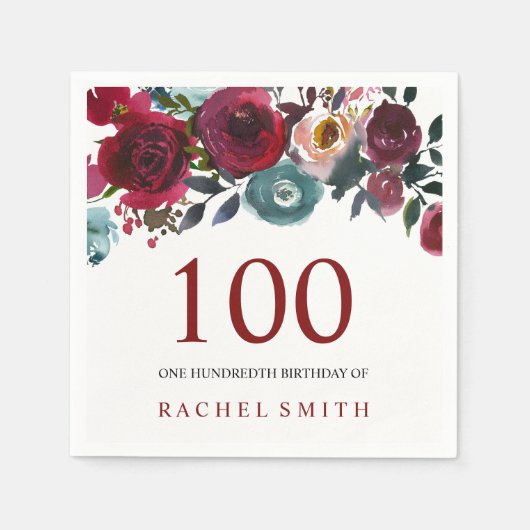 ボホボルドブルゴーニュ赤い花100誕生日 スタンダードカクテルナプキン (正面)