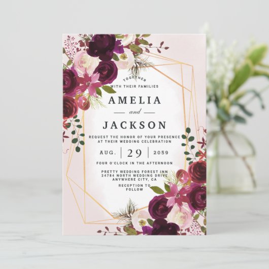 ボホボルドー花模様幾何学招待状 招待状 (スタンド正面)