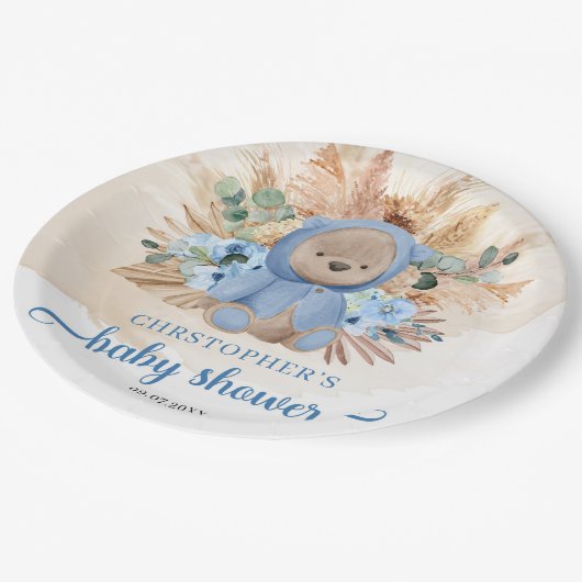 ボホボーイteddyクマのパンパスグラス青い赤ちゃんシャワー ペーパープレート (アングル)