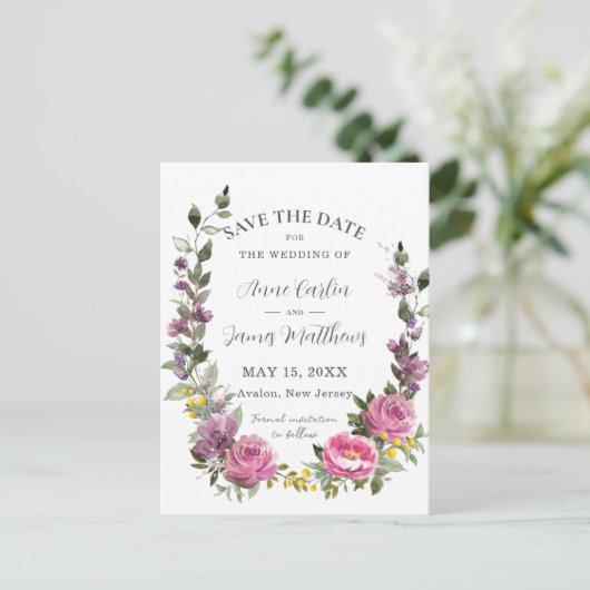 ボホマゼンタパープルフローラ結婚式の日付を保存 案内ポストカード (スタンド正面)