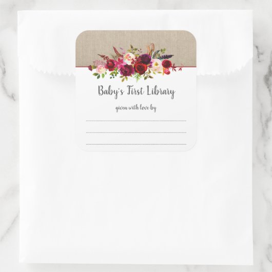 ボホマルサラフローラ女の子ベビーシャワー蔵書票 スクエアシール (バッグ)