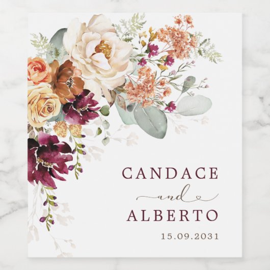 ボホマルーンバーントオレンジフローラ結婚式の引き出物 ワインラベル (シングルラベル)