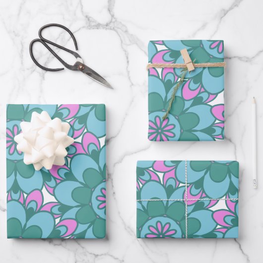 ボホマンダラフラワーカラフルレトロGroovyパターン ラッピングペーパーシート (正面)