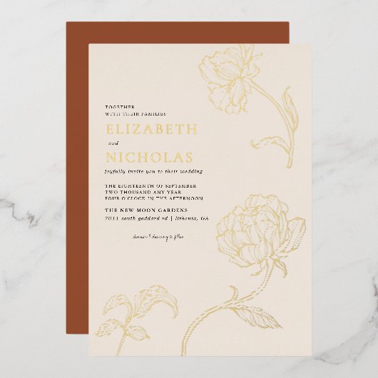 ボホミニマリストボタニカルテラコッタ結婚ズ 箔招待状 (正面/裏面)