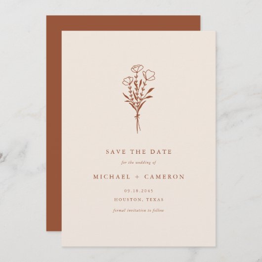 ボホミニマリストボタニカルブーケテラコッタ セーブザデート (正面/裏面)