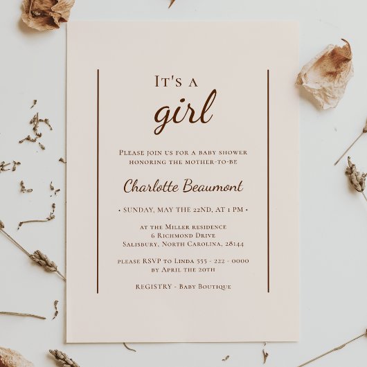 ボホミニマルなベージュ女の子シャワー 招待状