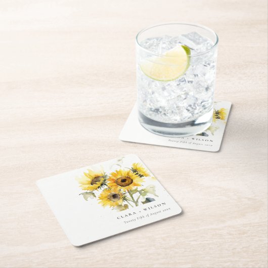 ボホミニマルウォーター色ひまわり素朴の結婚花 スクエアペーパーコースター (インサイチュ)