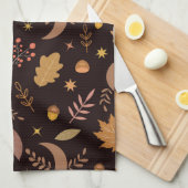 ボホムーンと秋の葉のパターン キッチンタオル (四つ折り)