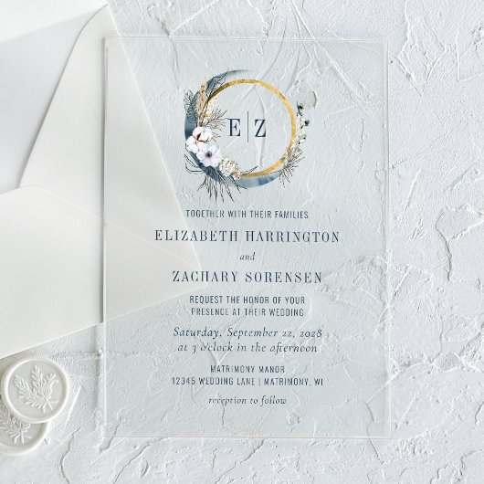 ボホムーンモノグラムリースインジゴ結婚ーズ アクリル招待状