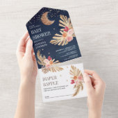 ボホムーン自然フローラパンパスネイビーベイビーシャワー オールインワン招待状 (貼ってはがせる)