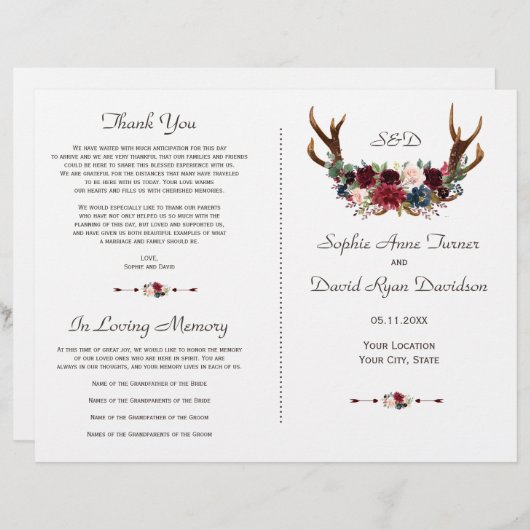 ボホメルロネイビーフローラ〔雄ジカの〕枝角結婚式 プログラム (正面/裏面)