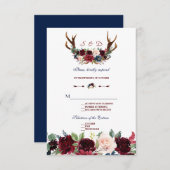 ボホメルロネイビーブルーフローラ〔雄ジカの〕枝角ウェディングRSVP 出欠カード (正面/裏面)