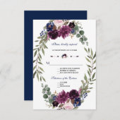 ボホメルロネイビーブルーフローラ〔雄ジカの〕枝角ウェディングRSVP 出欠カード (正面/裏面)