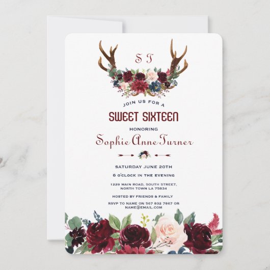 ボホメルロネイビーブルーフローラ〔雄ジカの〕枝角ズスウィート16 招待状 (正面)