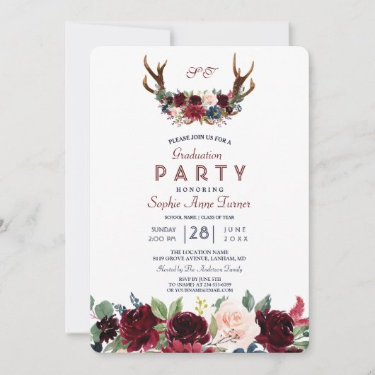 ボホメルロネイビーブルーフローラ〔雄ジカの〕枝角卒業 招待状 (正面)