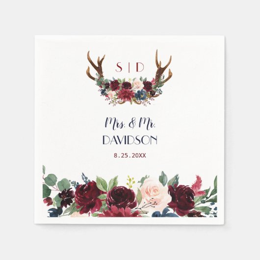 ボホメルロネイビーブルーフローラ〔雄ジカの〕枝角結婚ズ スタンダードカクテルナプキン (正面)