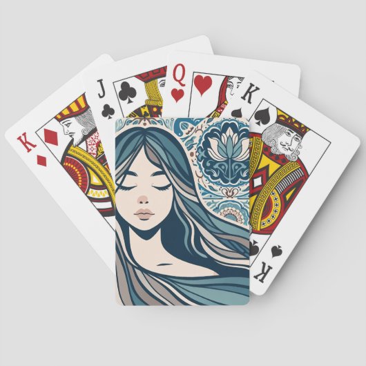 ボホモザイクウーマンポートレートとフローラブルーアート トランプ (裏面)