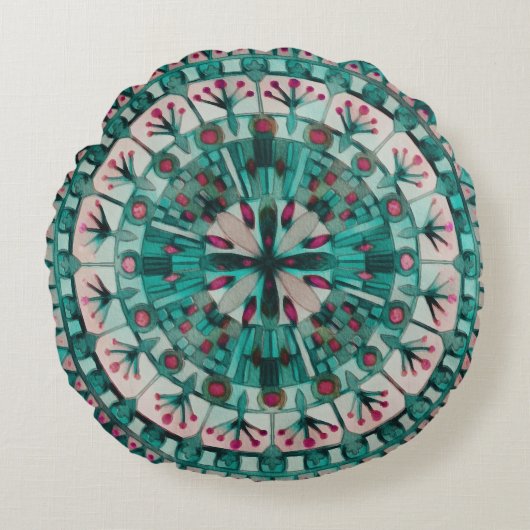 ボホモザイクタイルティール(緑がかった色)海- ラウンドクッション (正面)