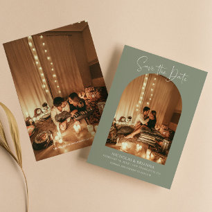 ボホモダンアーチフォトサージグリーンシンプル結婚ズ セーブザデート