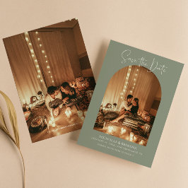 ボホモダンアーチフォトサージグリーンシンプル結婚ズ セーブザデート