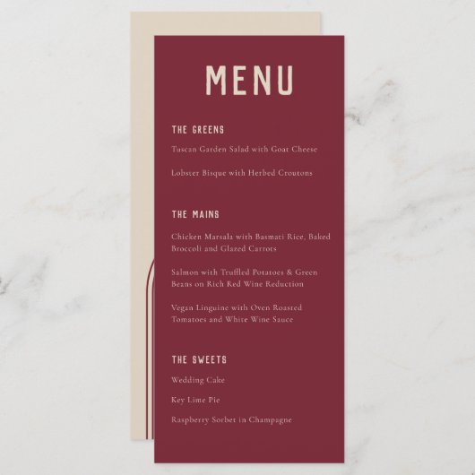 ボホモダンアーチレッドベージュタイポグラフィ結婚ズ メニュー (正面/裏面)