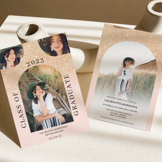 ボホモダンアーチ金ゴールドシックなピンク4写真卒業 招待状