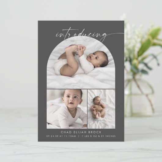 ボホモダンアーチ |グレーフォトコラージュ誕生 案内状 (スタンド正面)