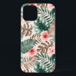 ボホモダンウォーターカラー熱帯フローラ iPhone 12 PROケース<br><div class="desc">モンステラモダンー、バナナ、ヤシの水の色のイラストレーションと合わせ葉て、クリーム色の背景にピンクのハイビスカスの花を特集したiphoneケースデザイン。</div>