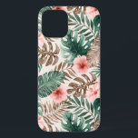 ボホモダンウォーターカラー熱帯フローラ iPhone 12 PROケース<br><div class="desc">モンステラモダンー、バナナ、ヤシの水の色のイラストレーションと合わせ葉て、クリーム色の背景にピンクのハイビスカスの花を特集したiphoneケースデザイン。</div>