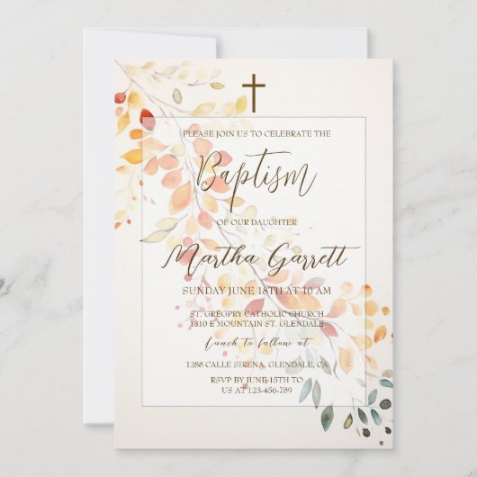 ボホモダンウォーター色紅葉ガールバプテスマ 招待状 (正面)