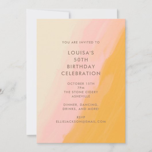 ボホモダンウオータカラーピンクイエロー50誕生日 招待状 (正面)