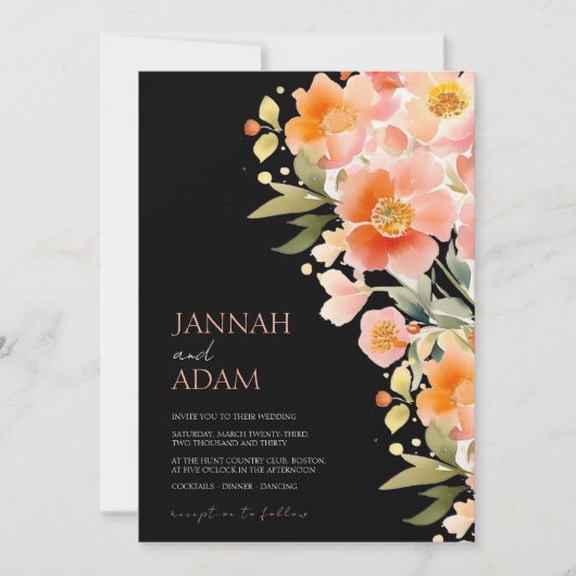 ボホモダンオレンジピーチアンドブラックフローラズ結婚 招待状 (正面)