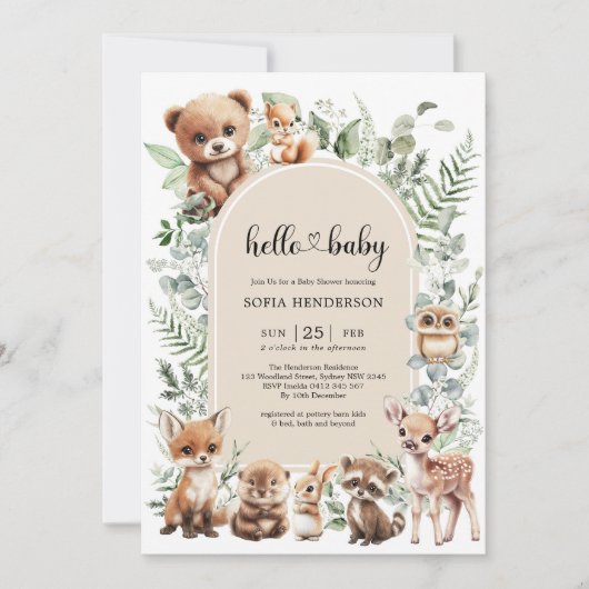 ボホモダングリーンリー森林動物の赤ちゃんシャワー 招待状 (正面)