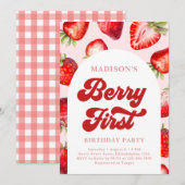 ボホモダンストロベリーベリーファースト誕生日 招待状 (正面/裏面)