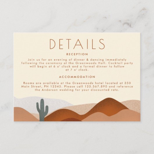 ボホモダンデザートテラコッタ結婚の詳細 エンクロージャーカード (正面)