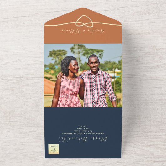 ボホモダンネイビーブルーとテラコッタ結婚ズ オールインワン招待状 (外側)