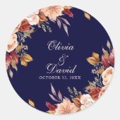 ボホモダンネイビーブルー燃えたオレンジ色のフローラ結婚ズ ラウンドシール (正面)