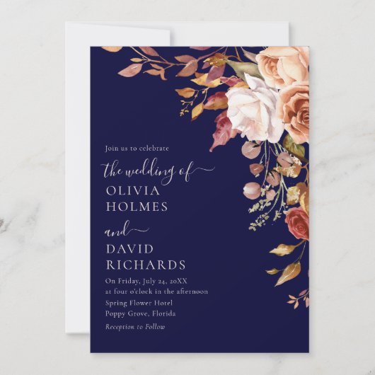ボホモダンネイビーブルー燃えたオレンジ色のフローラ結婚ズ 招待状 (正面)