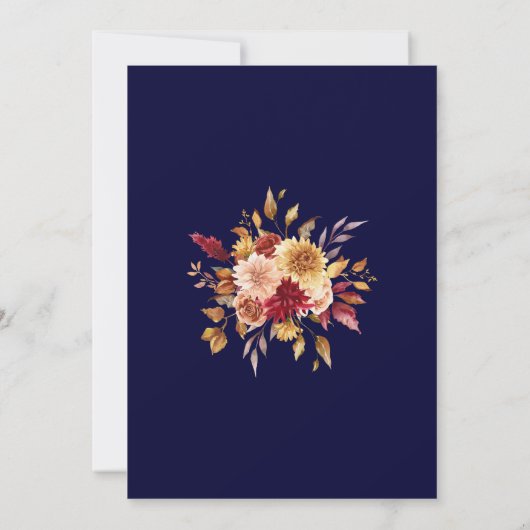 ボホモダンネイビーブルー燃えたオレンジ色のフローラ結婚ズ 招待状 (裏面)