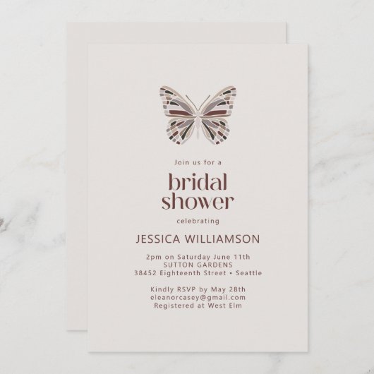 ボホモダンバタフライブルガンディタウペブライダルシャワー 招待状 (正面/裏面)