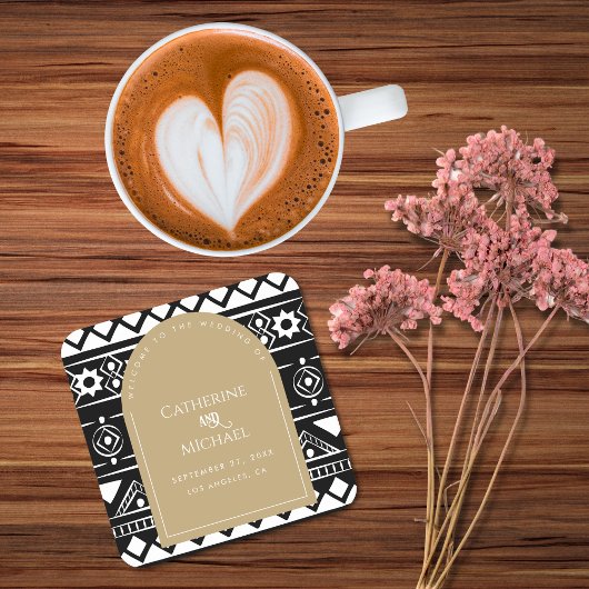 ボホモダンパター結婚ンのアーチ金ゴールド スクエアペーパーコースター