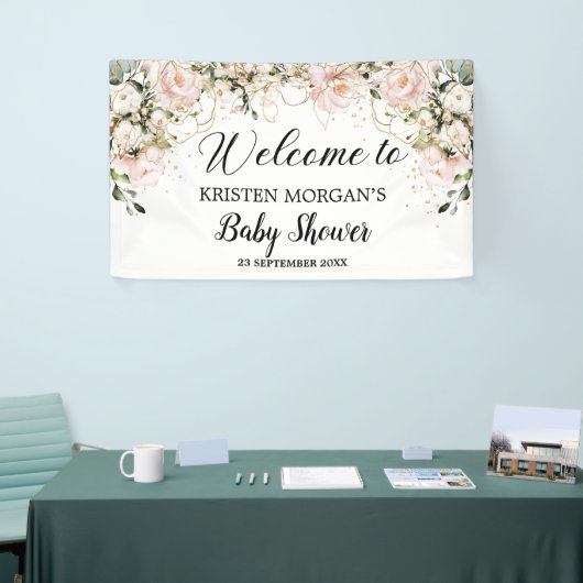 ボホモダンピンクのフローラ葉金ゴールド赤ちゃんシャワー 横断幕 (トレードショー)