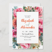 ボホモダンピンクオレンジ水彩フローラ結婚ズ 招待状 (正面)