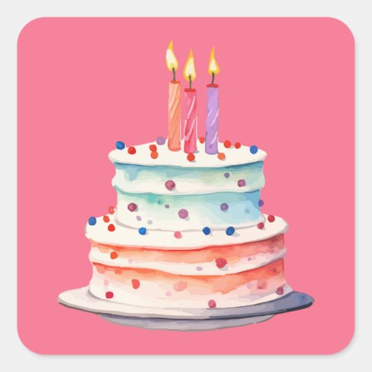 ボホモダンピンクカラフルお誕生日ケーキ スクエアシール (正面)
