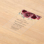 ボホモダンブルゴーニュ赤と金ゴールドフローラ結婚 アクリル招待状 (レイダウン)