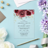 ボホモダンブルゴーニュ赤と金ゴールドフローラ結婚 アクリル招待状 (インサイチュ (ウェディング))