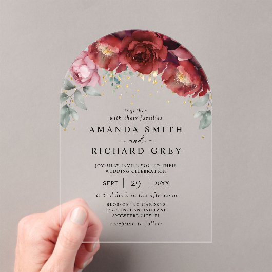 ボホモダンブルゴーニュ赤と金ゴールドフローラ結婚 アクリル招待状 (インサイチュ (ポータブル))