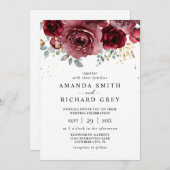 ボホモダンブルゴーニュ赤と金ゴールドフローラ結婚 招待状 (正面/裏面)